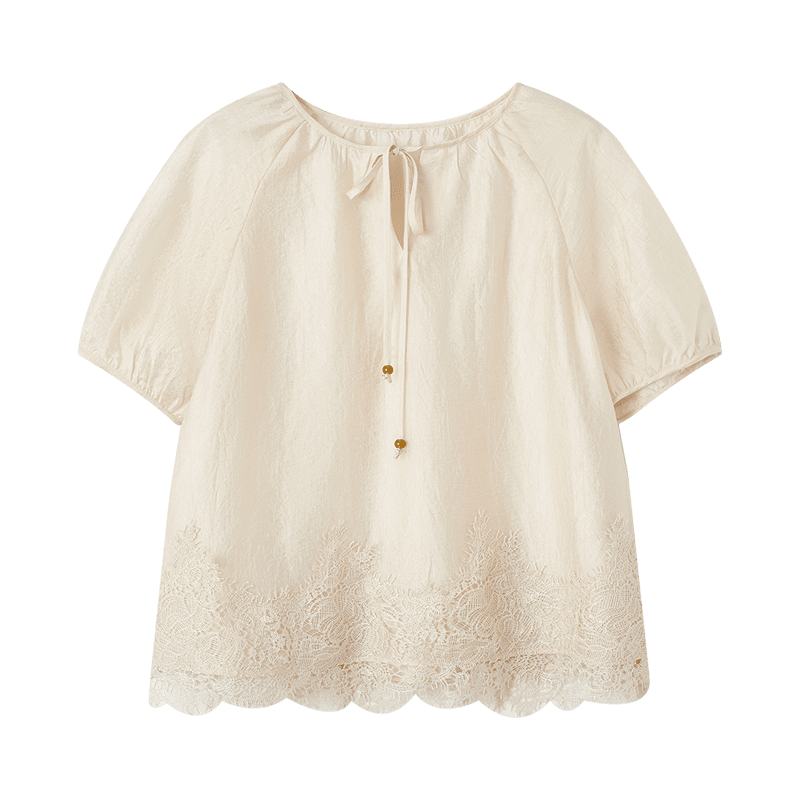 Demana Wrinkled Acetate Summer Elegant Commuter Round Neck Lace Hem Loose Slimming Concealing Shirt for Women Premium Feel