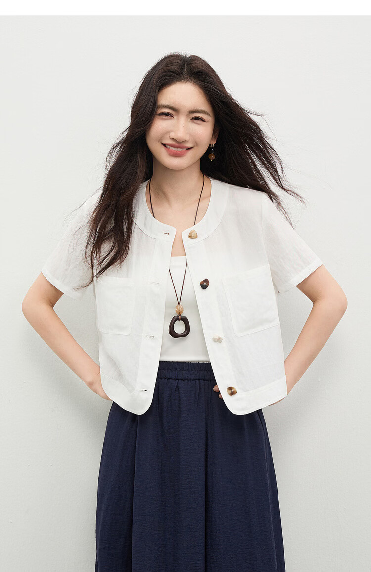 Shangdu Bila Linen Lyocell Jacket Women Spring Summer Petite Round Neck Colorblock Button Short Coat Light Luxury Elegant Cardigan 15