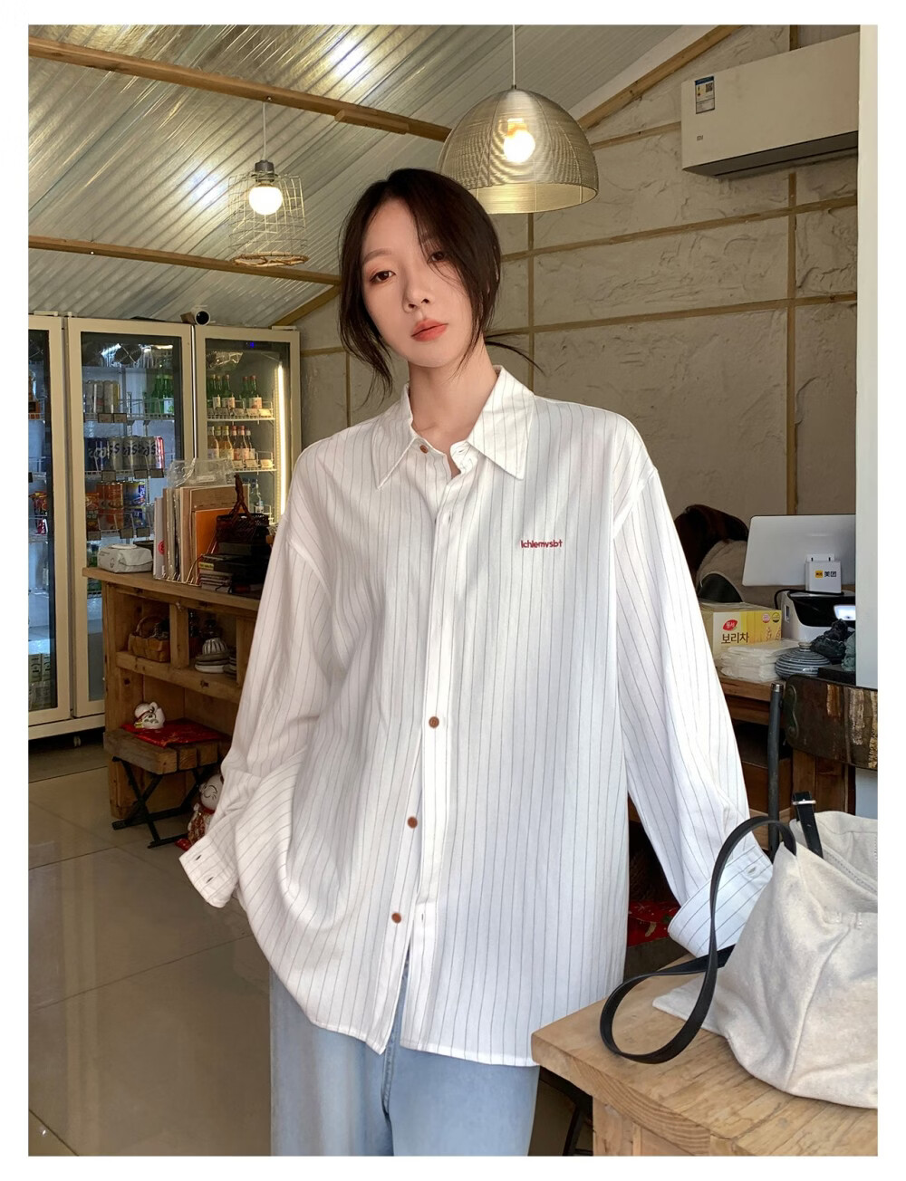ICH MODE Solid Color Small Logo Letter Loose Physical Sun Protection Casual Versatile Lazy Women's Jacket Shirt Blue L 9