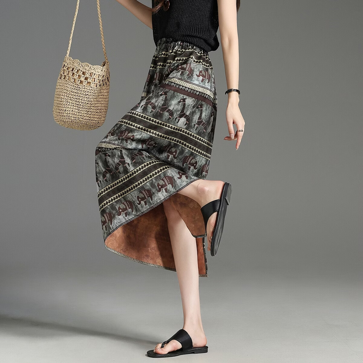 Demana [Soft Craftsmanship] Summer Ethnic Style Elastic Waist Printed Back Slit Loose Slimming High-End Midi Skirt for Women