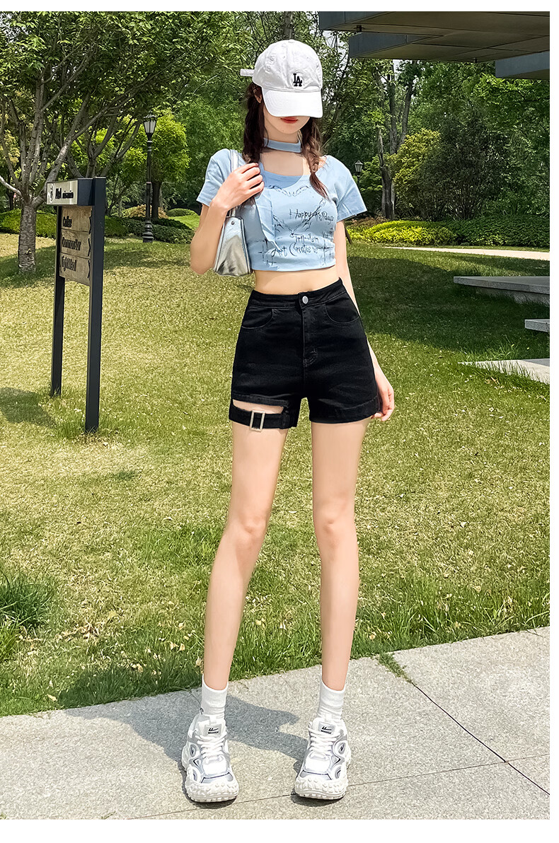 Jeanswest Women's Denim Shorts 2026 Spring Summer High Waist A-Line Slim Functional Style Hot Pants Black M 10