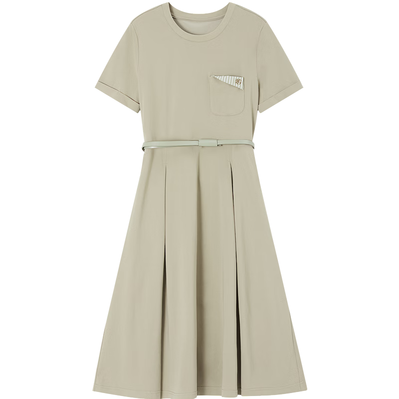 Demana Qingshuang Solona Summer Simple Round Neck Striped Patch Pocket Waist Slimming Dress for Women Premium Feel