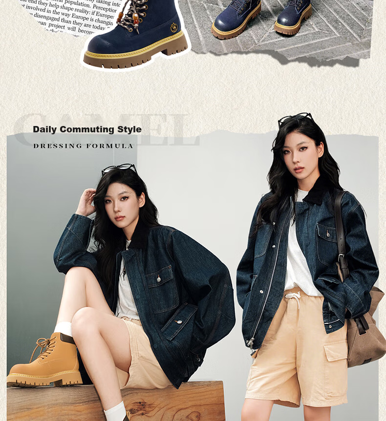 CAMEL [Shanyue] Women's Work Boots Trendy Thick-Soled Martin Boots L25W076018R Earth Yellow (Suede Lining) Size 37 30