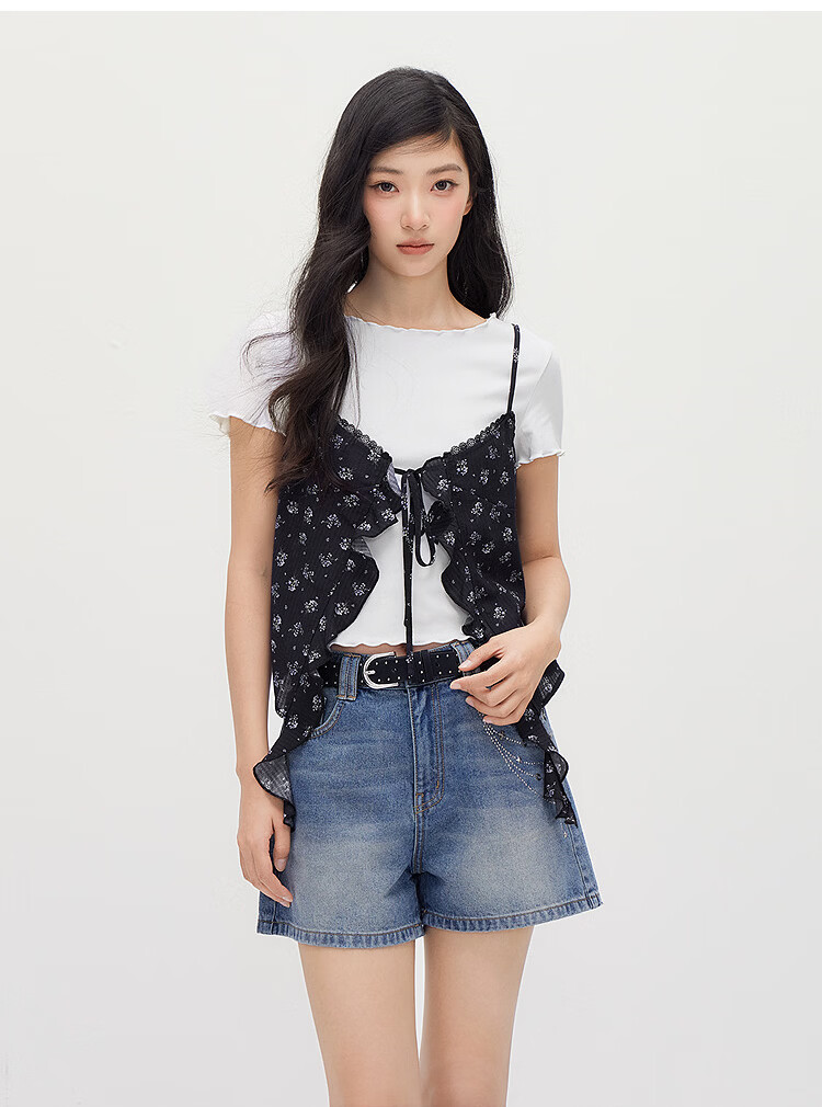 Semir Women's Summer Short Lace T-Shirt Floral Textured Camisole 2026 Vintage Two-Piece Set 109326117004 11