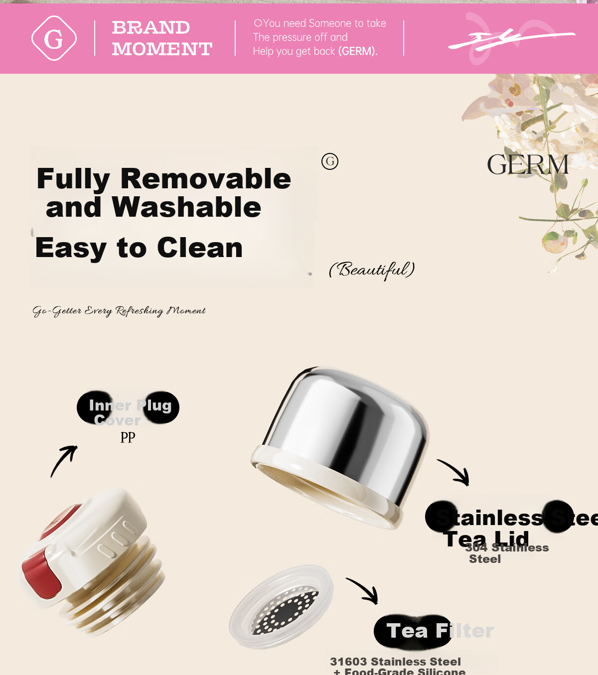 Germ Intangible Cultural Heritage Su Embroidery Insulated Water Bottle Large Capacity Sports Water Bottle Portable Women's Student Cup 800ML Magnolia 15