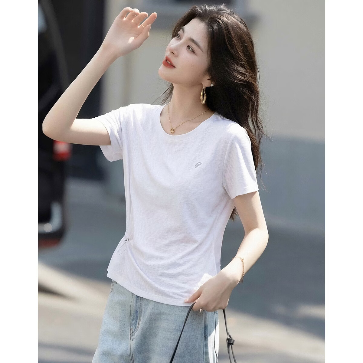 Demana [Minimalist Urban] Summer Lightweight Sports Gradient Jacquard Raglan Drawstring High Elastic Slim Fit T-Shirt for Women Premium
