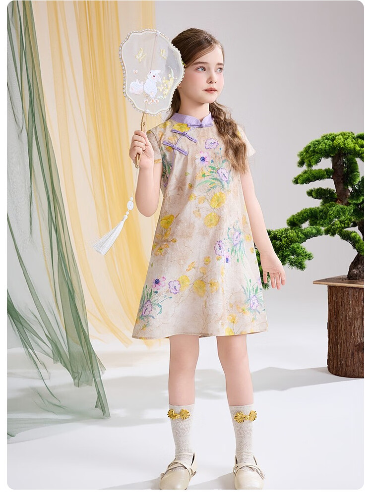 ASK JUNIOR Chinese Style New Mid-Modern Children's Dress 2026 Summer Short Sleeve Qipao Dress for Girls 16