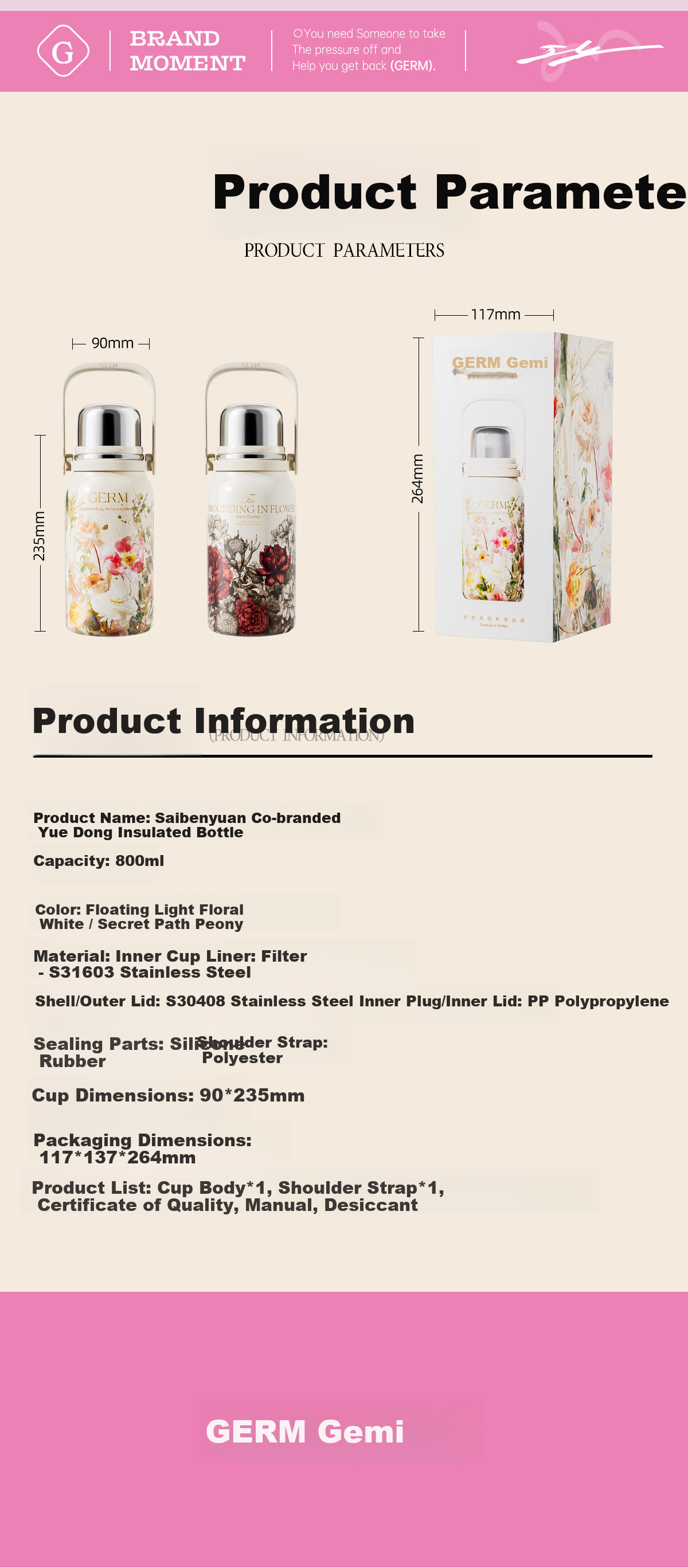 Germ Intangible Cultural Heritage Su Embroidery Insulated Water Bottle Large Capacity Sports Water Bottle Portable Women's Student Cup 800ML Magnolia 20