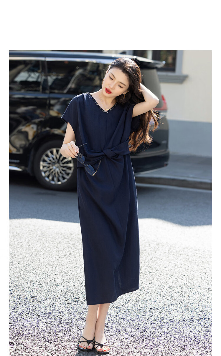 Demana Elegant Commuter Summer V-Neck Hand-Beaded Knot Shoulder-Cover Sleeve Loose Dress for Women Premium Feel 11