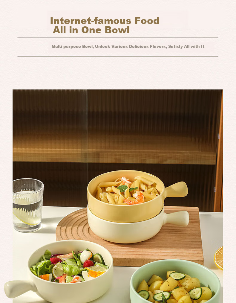 Can General Handle Bowl with Handle Baking Bowl Rice Casserole Japanese Style Ramen Ceramic Salad Bowl 650ml 10