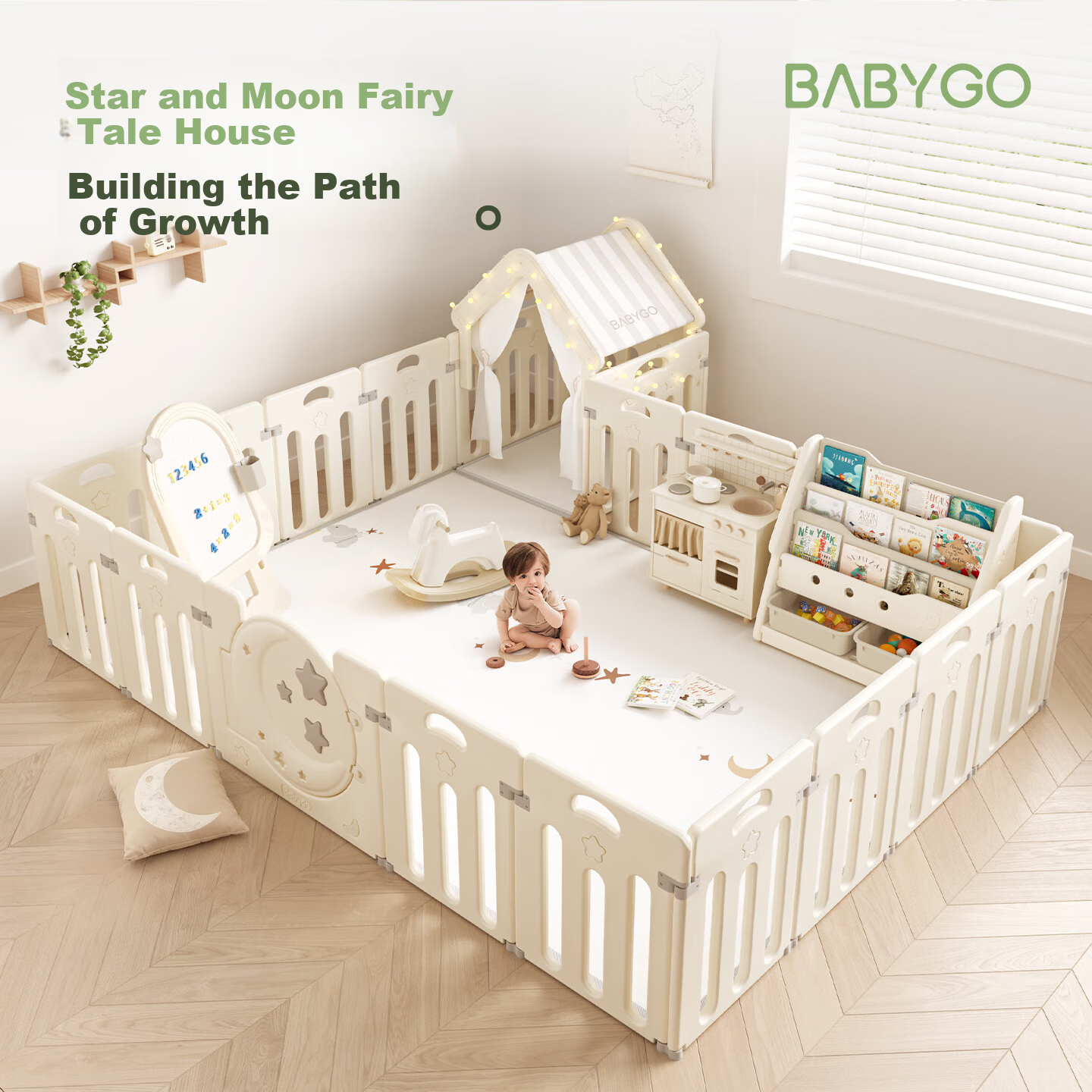 BG-BABYGO Star Moon Playpen Baby Indoor Floor Mat Protective Fence Living Room Baby Gift