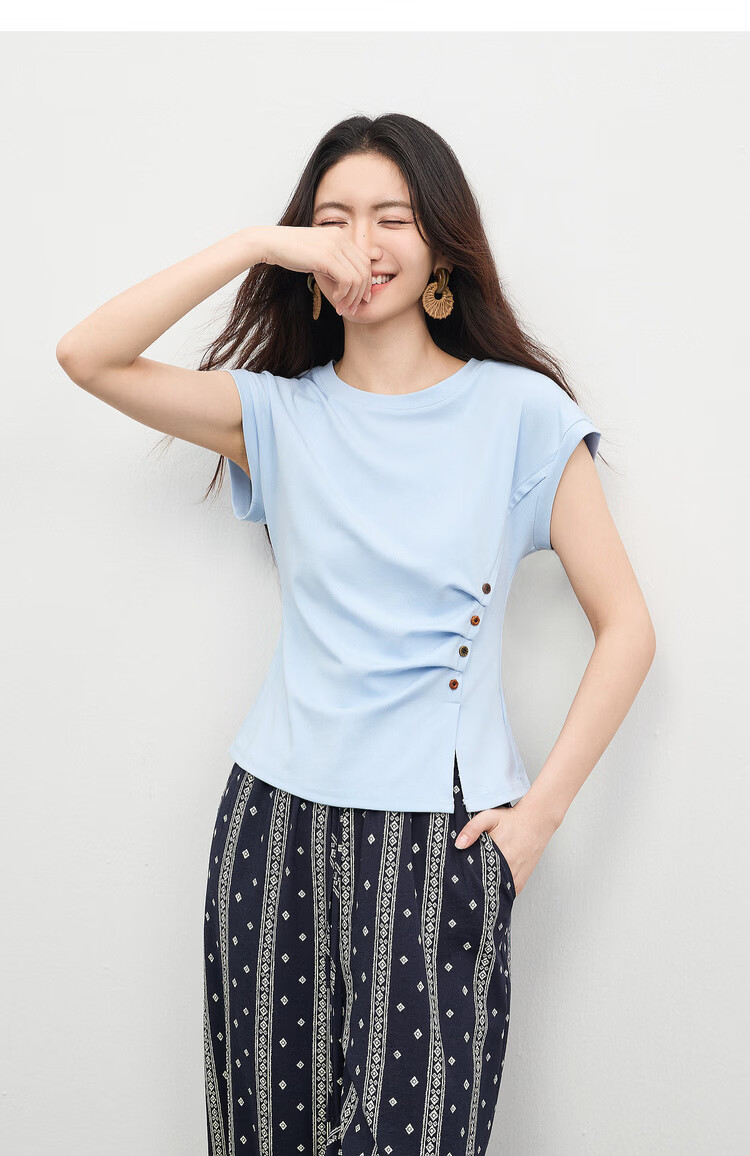 Shangdubila Cotton Blend Crew Neck Youthful T-Shirt for Women Spring Summer Side Slit Slim Fit Knitted Top Color-Block Button Pleated Women's Wear 12