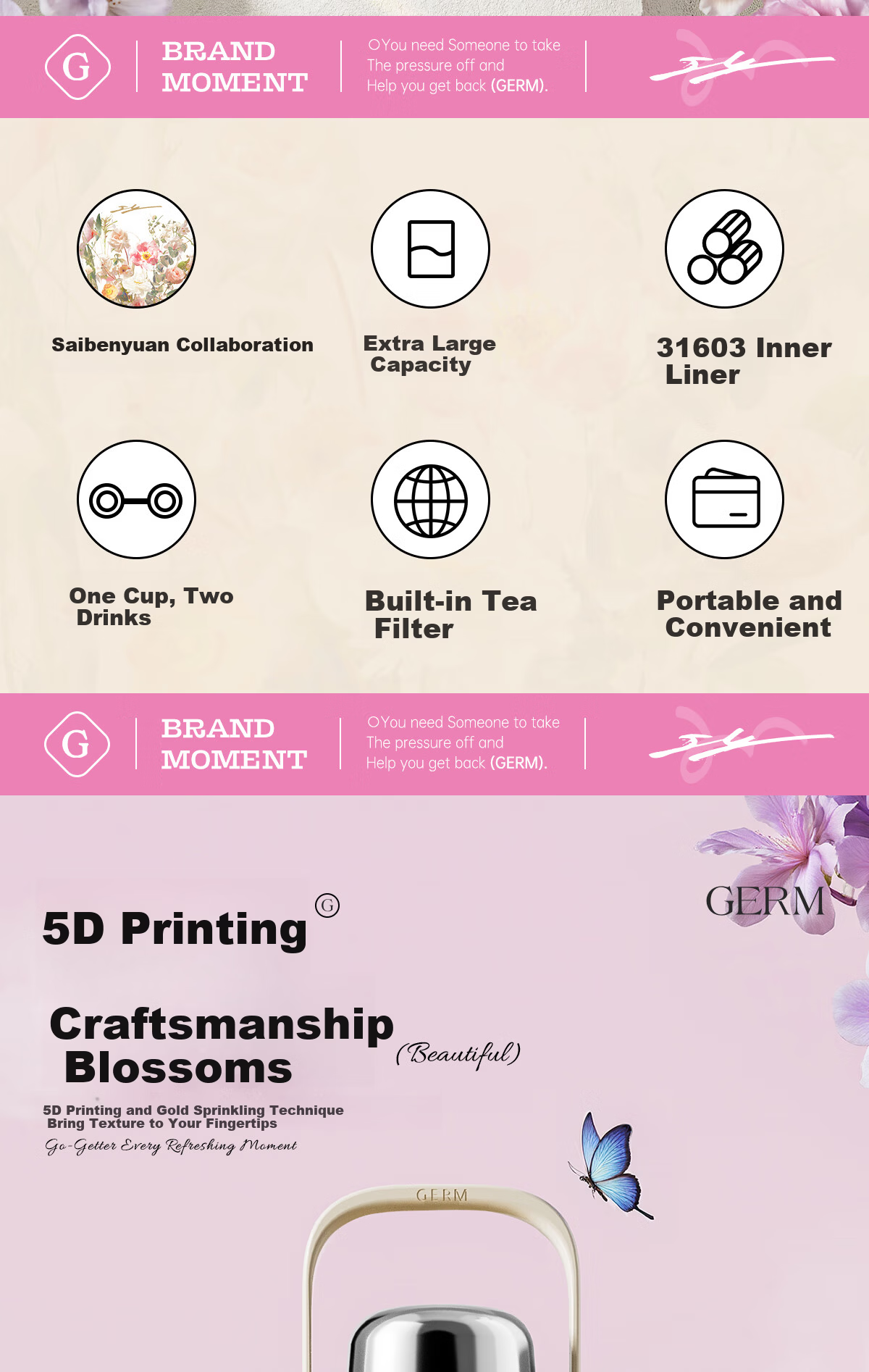 Germ Intangible Cultural Heritage Su Embroidery Insulated Water Bottle Large Capacity Sports Water Bottle Portable Women's Student Cup 800ML Magnolia 3