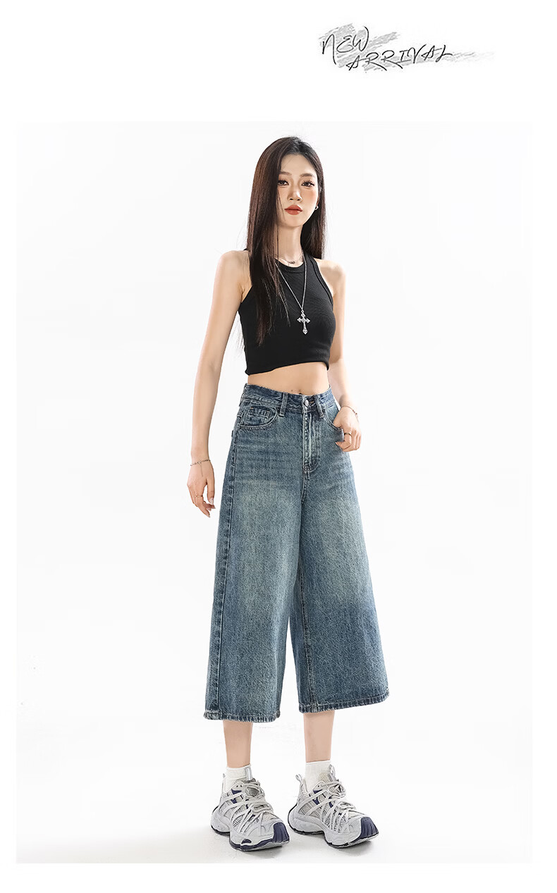 Jeanswest Women's Summer 2026 High-Waist Loose Fit Retro Blue Wide-Leg Cropped Denim Shorts S 18