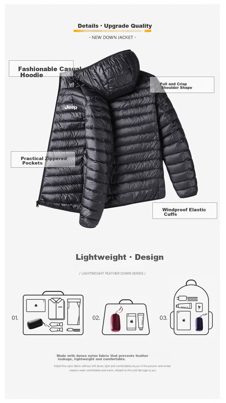 JEEP Men's Autumn Winter Hooded Lightweight Warm Outdoor Sports Versatile Down Jacket Navy Blue L 3