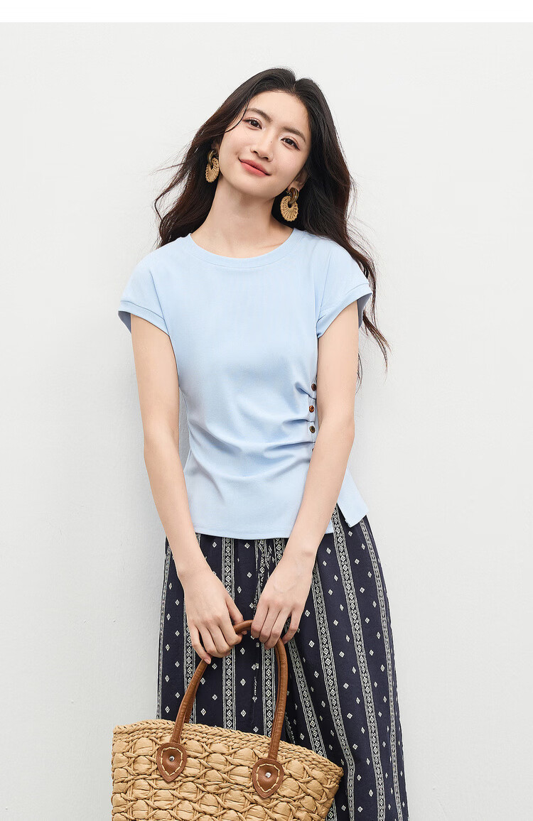 Shangdubila Cotton Blend Crew Neck Youthful T-Shirt for Women Spring Summer Side Slit Slim Fit Knitted Top Color-Block Button Pleated Women's Wear 13