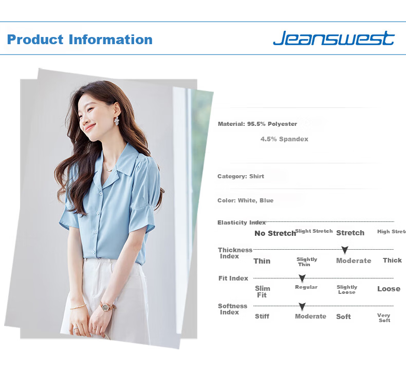 Jeanswest Women's Summer V-Neck Lapel Shirt Stylish Commuter Versatile French-Style White Top M 2