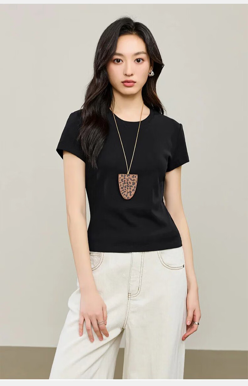 Langsha Women's Short Sleeve High Cotton T-Shirt Summer Slim Fit Casual Solid Color Top 18
