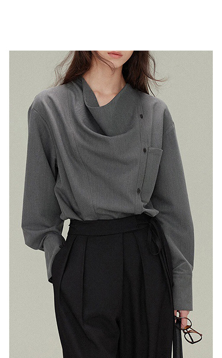Demana French Art Spring Lazy Style Asymmetric Lapel Large Pocket Loose Slim Draped Shirt for Women Premium Feel 7