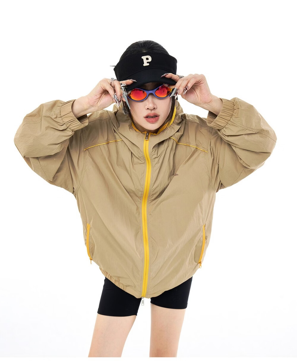 ICH MODE Colorblock Physical Sunscreen Jacket Women Spring Summer New Hooded UV Protection Coat Light Blue M 31
