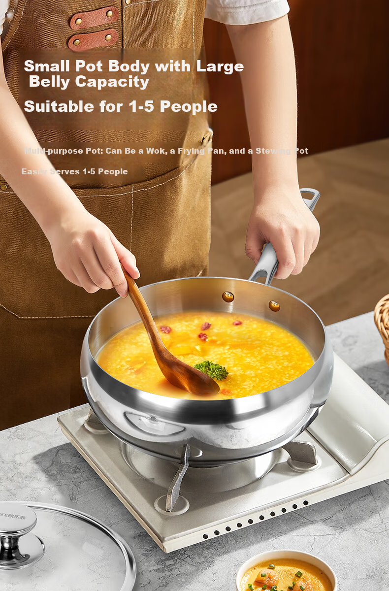 OLOFE 316L Stainless Steel Thickened Large Belly Wok Old Guandong Seventh Generation Mirror Finish No Coating Hammered Small Stir-Fry Pan 24cm 2