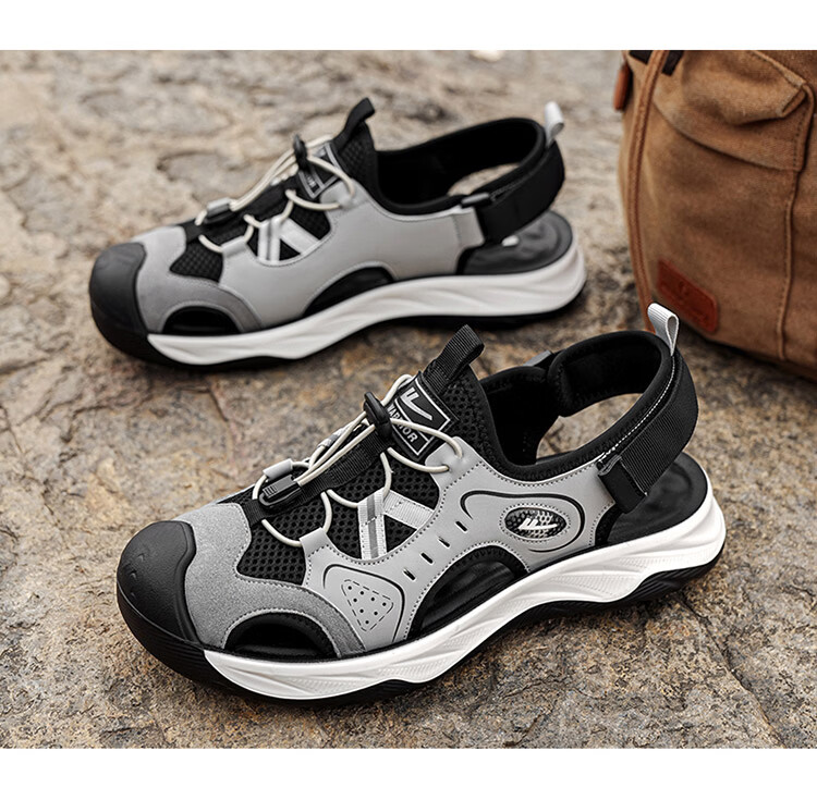 Warrior Men's Summer Breathable Mesh Sandals Closed-Toe Casual Beach Shoes Versatile Outdoor Sandals 1794 Beige Black Size 43 21