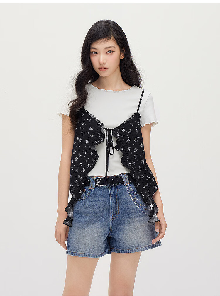 Semir Women's Summer Short Lace T-Shirt Floral Textured Camisole 2026 Vintage Two-Piece Set 109326117004 9