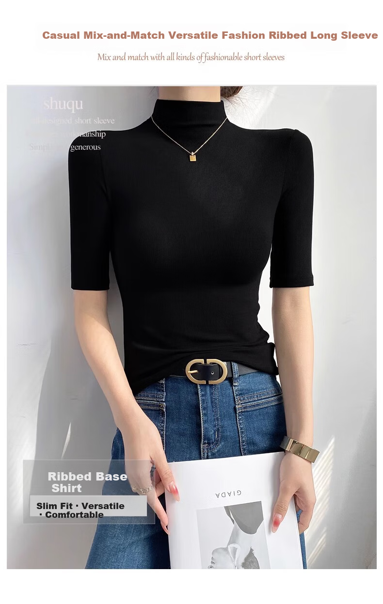 Woodpecker Women's Half Turtleneck Mid-Sleeve Base Shirt Spring Autumn T-Shirt 2025 New Slim Fit Five-Sleeve Top Black XL 1