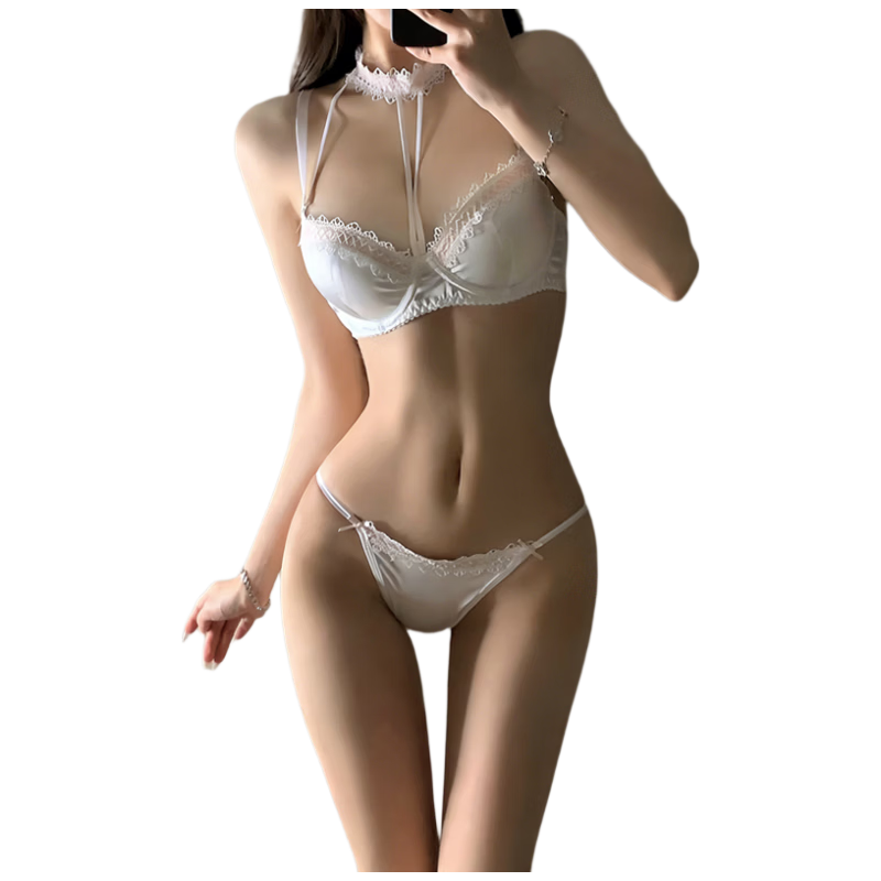 9i9 Bra Set Flowing Dream Sexy Pure Desire Thin Strap Halter Lace Choker Push-Up Lingerie S174 White 70A