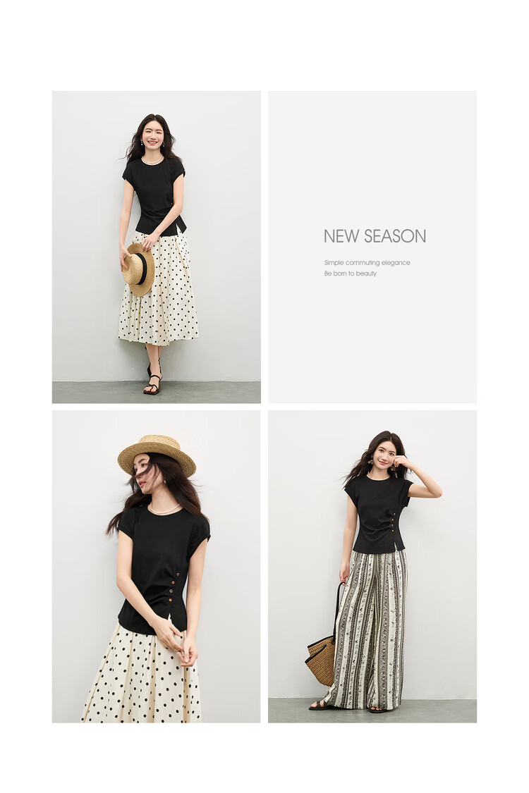 Shangdubila Cotton Blend Crew Neck Youthful T-Shirt for Women Spring Summer Side Slit Slim Fit Knitted Top Color-Block Button Pleated Women's Wear 17