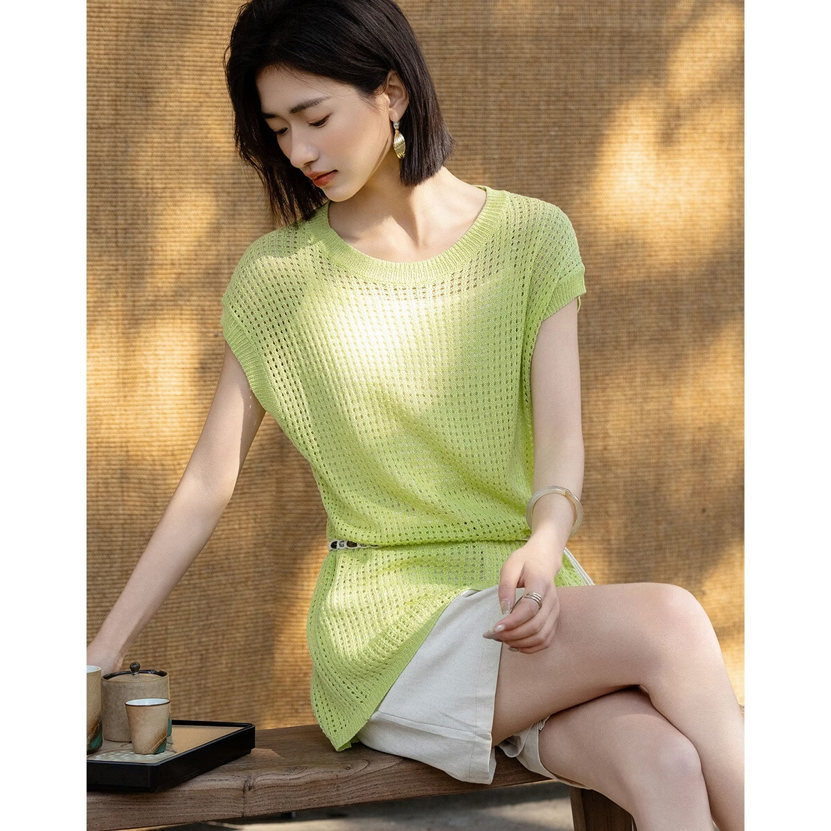Demana Summer Breeze Lightweight Hollow Shoulder Seam Slim Fit Stretch Knit Top for Women