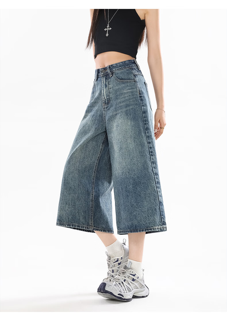 Jeanswest Women's Summer 2026 High-Waist Loose Fit Retro Blue Wide-Leg Cropped Denim Shorts S 16