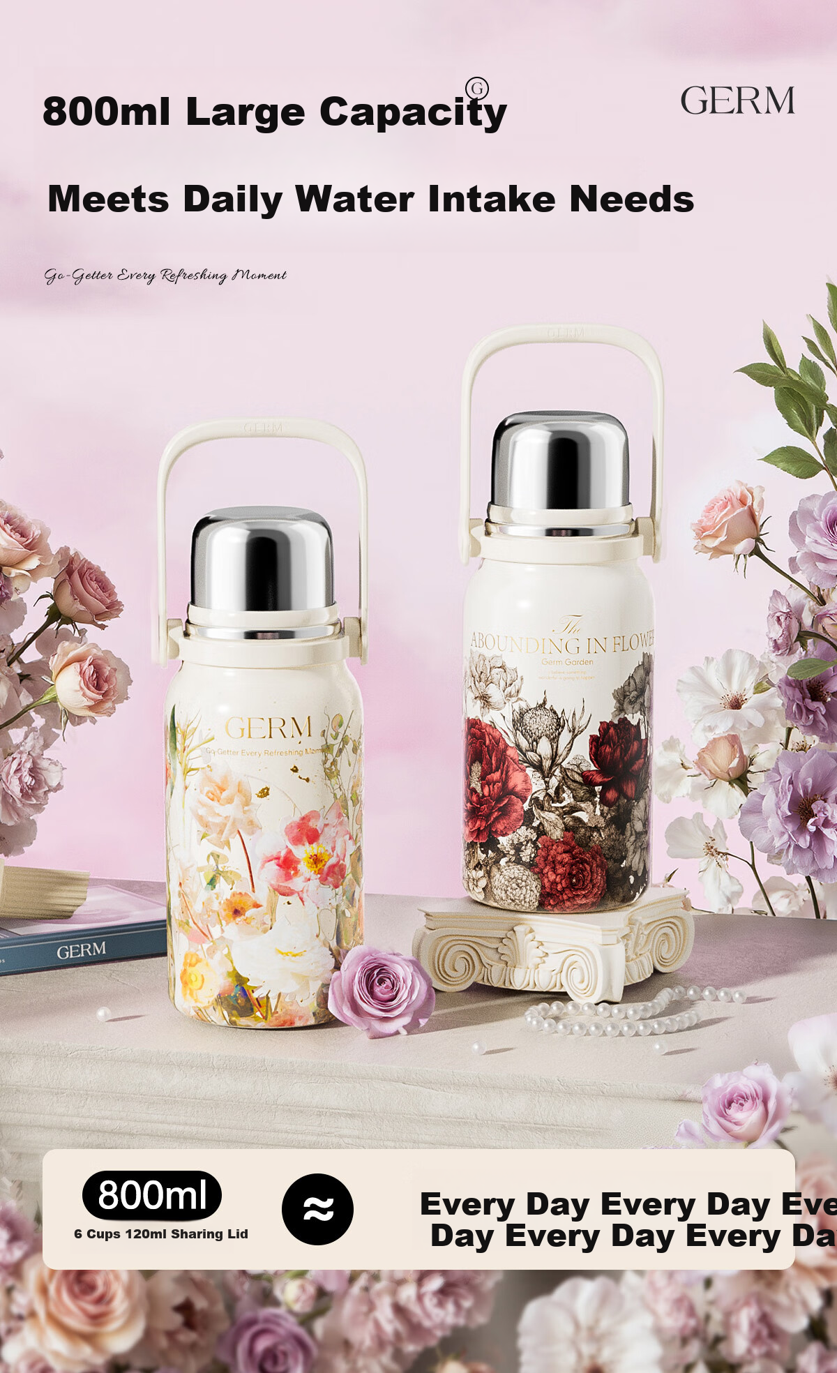 Germ Intangible Cultural Heritage Su Embroidery Insulated Water Bottle Large Capacity Sports Water Bottle Portable Women's Student Cup 800ML Magnolia 5