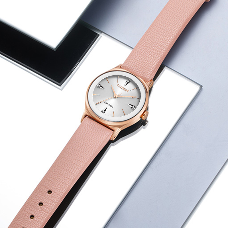 CITIZEN Watch for Women, Japanese And Korean Style, Eco-Drive with Diamond Dial, Leather Strap, Student Gift for Girlfriend, EM0733-16A