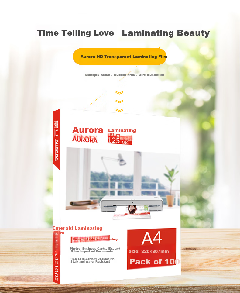AURORA A4-125MIC Transparent High-Definition Card Protection Film/Lamination Film 220x307mm (100 Sheets/Pack) 1