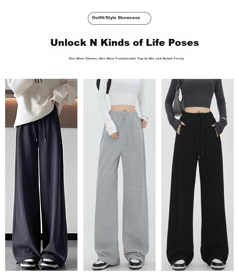 FitonTon Women's American Style Sports Pants 2026 Spring Autumn High Waist Loose Draped Casual Wide Leg Jogger Windproof Sweatpants 7