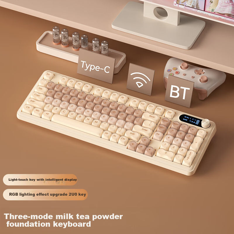 B.O.W Hangshi K960BDL Tri-Mode Wireless Bluetooth Keyboard for Women, Stylish Design Compatible with Huawei, Xiaomi Laptops, Tablets, Desktops And Smartphones, Universal 98-Key Layout, Milk Tea Pink Base Liquid