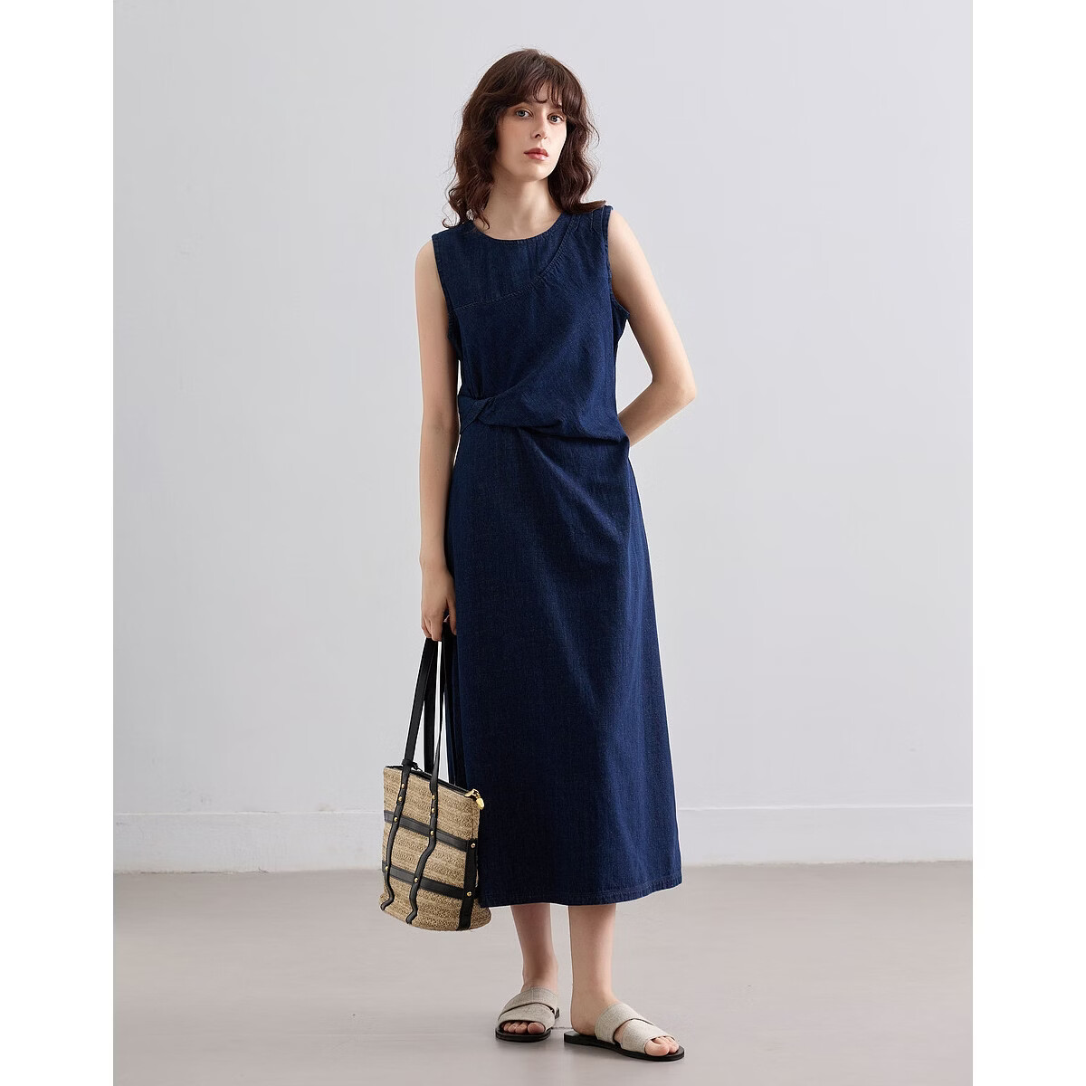 Demana [Denim Filter] Summer Vintage Round Neck Sleeveless Pleated Waist Slimming Mid-Length Denim Dress for Women