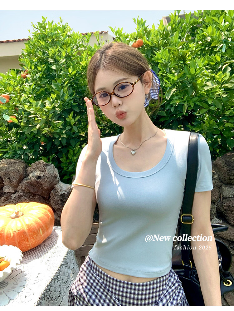 Herbal Original Color Short Sleeve T-Shirt Women Basic White Loose Korean Style Summer 2026 New Round Neck Black Top 9