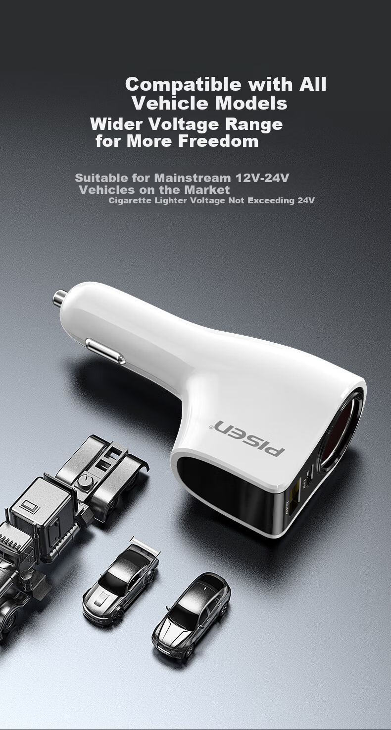 PISEN 65W Car Charger Dual-Port Fast Charging Cigarette Lighter Adapter for Apple 17, Huawei, Xiaomi, Dash Cam, Multi-Function Car Charger 6