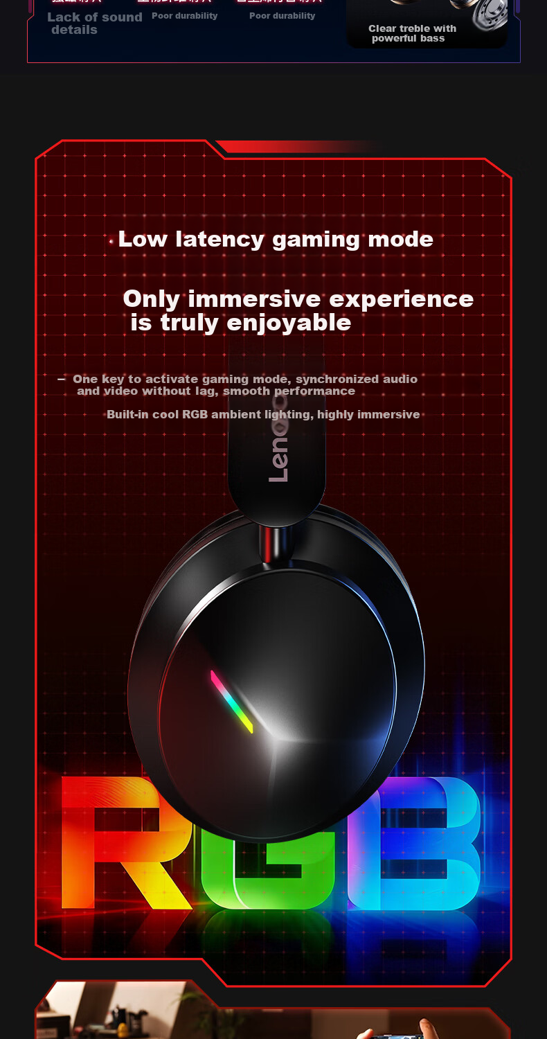 Lenovo Official JD Self-operated Gaming Headset Over-ear Bluetooth Wireless Long Battery Life FPS PUBG Delta Fearless Contract EH140 Black 5