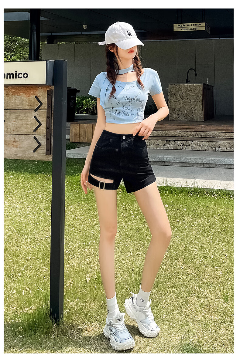 Jeanswest Women's Denim Shorts 2026 Spring Summer High Waist A-Line Slim Functional Style Hot Pants Black M 17
