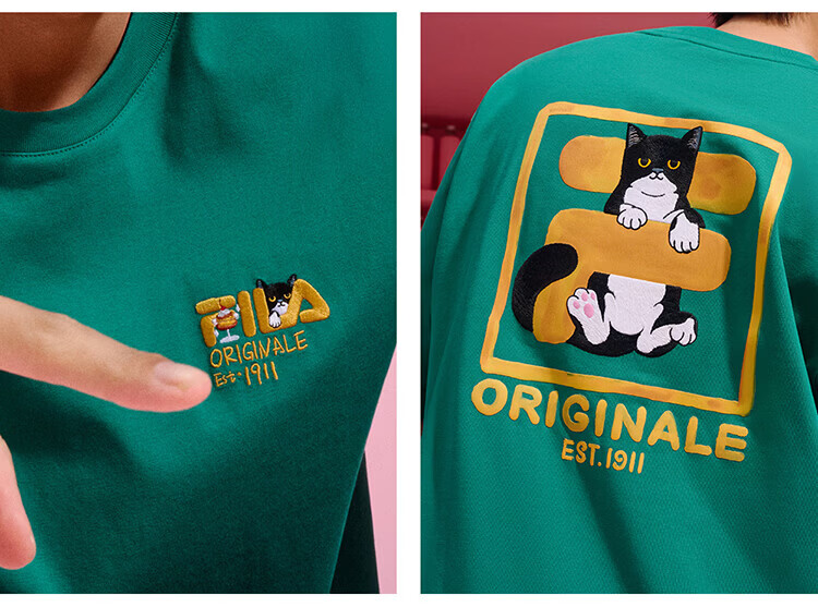 FILA Official Couple's Knitted Short Sleeve Shirt 2026 Summer Fashion Casual Unisex Loose Cat Embroidery T-Shirt 40