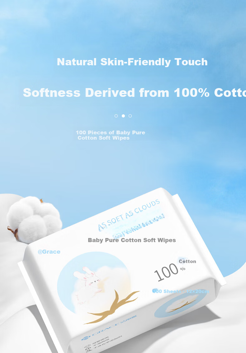 Grace Cotton Soft Wipes 100 Sheets Single Pack 100% Pure Cotton Baby Face Towels Dual-Use Dry and Wet 1