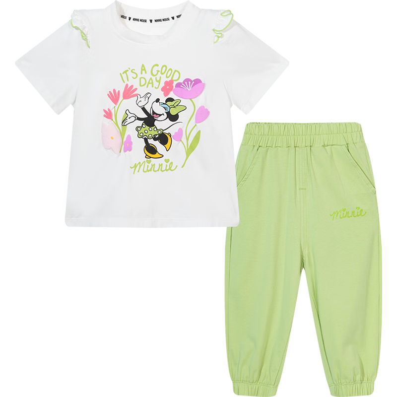 Disney Minnie Summer Cooling Girls' Set Breathable T-Shirt Mosquito-Repellent Long Pants Sports Casual Outfit Avocado Green 140