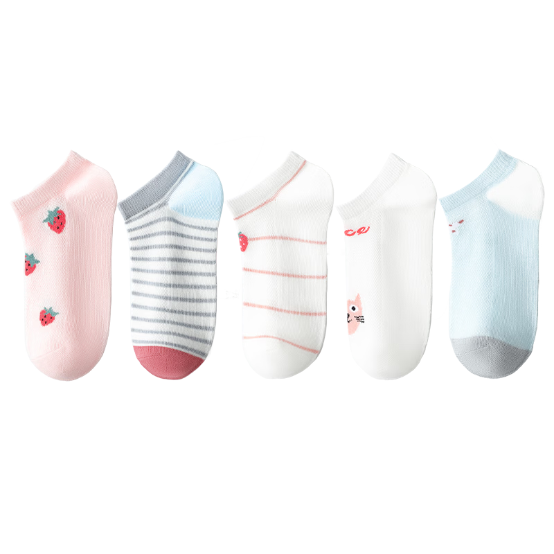 LangSha 5 Pairs of Children's Socks, Girls' Summer Thin Breathable Short Cotton Socks, Big Kids Baby Girls Mesh Invisible Boat Socks