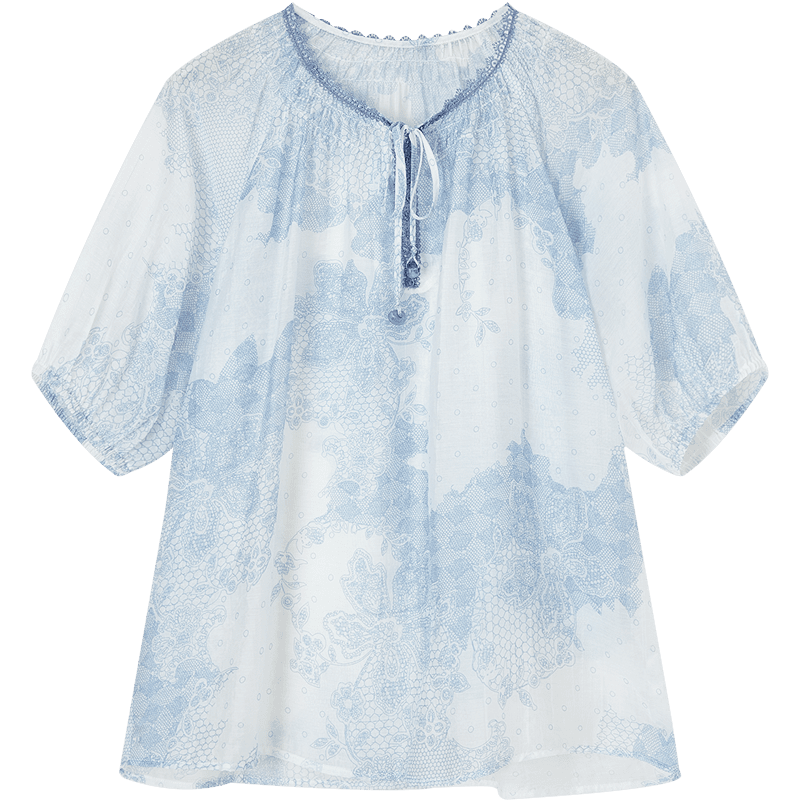 Demana [Elegant Lyocell] Summer National Style New Chinese Lace Printed Puff Sleeve Loose Slim Shirt for Women Premium