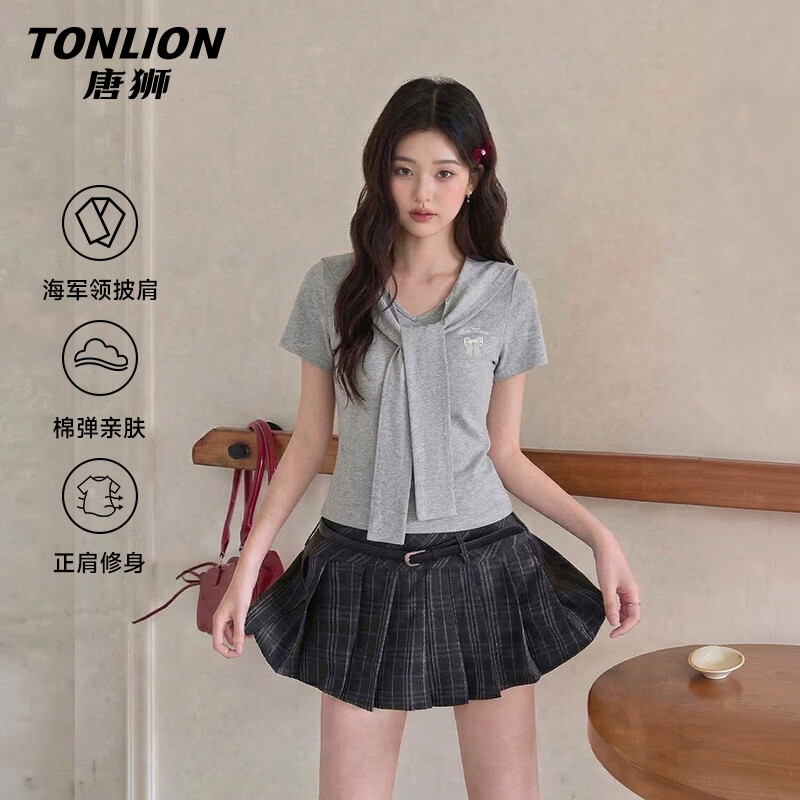 TonLion Women's Short Sleeve Cape College Style Summer New Trend Slim Korean T-Shirt Petite Top