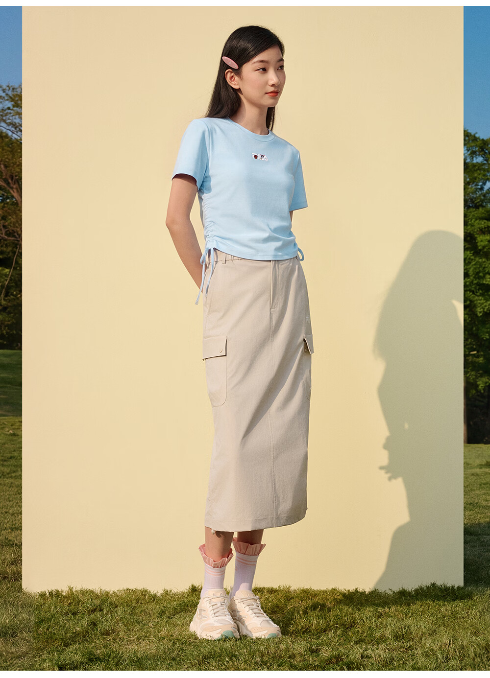 FILA Yang Mi Same Style Knitted Short Sleeve Shirt Women 2026 Summer Side Drawstring Fashion Casual Embroidered Logo Slim T-Shirt 23