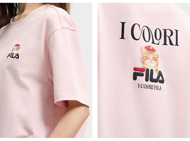 FILA Official 2026 Summer Couple Short Sleeve T-Shirt Casual Loose Fit Cotton Cat Knit Tee 80